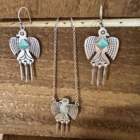 Sterling Silver Kingman Turquoise Dangle Thunderbird Necklace and Earrings Set - Picture 2 of 8